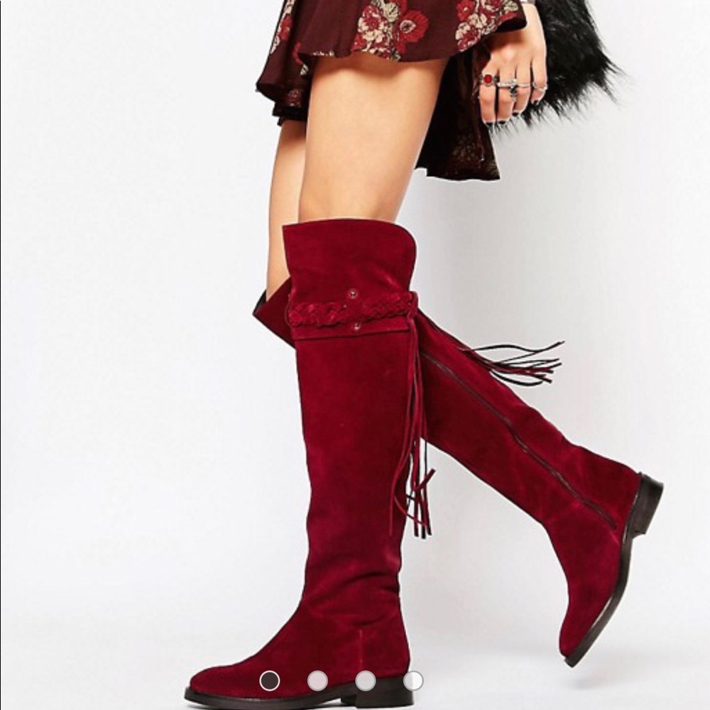 ASOS Knee High Suede Burgundy Boots With Tassel